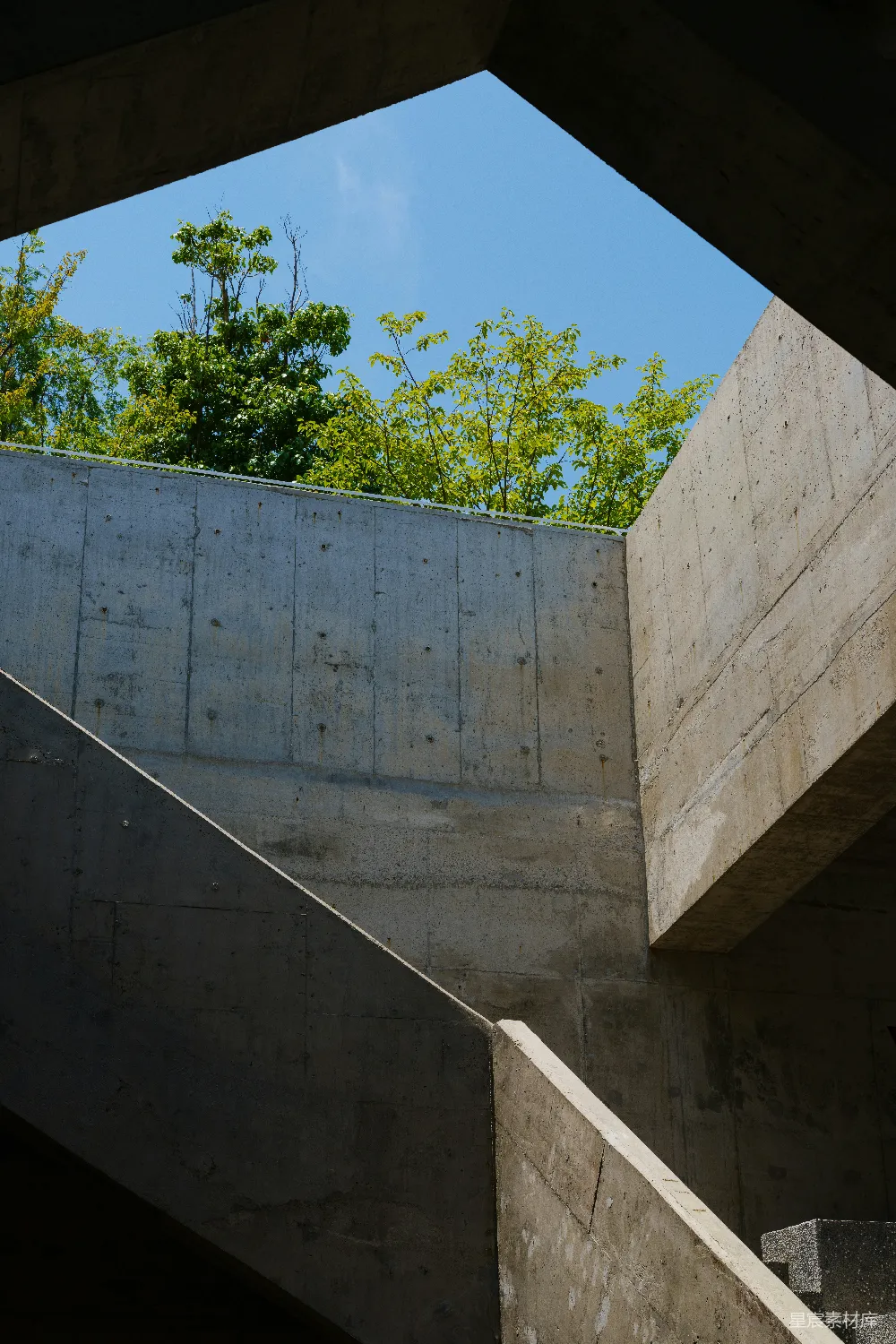 混凝土建筑框住了天空和树木。