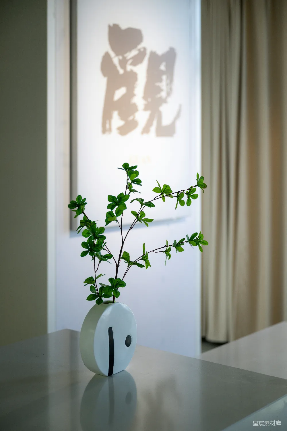 桌上放置了一个有植物的花瓶。