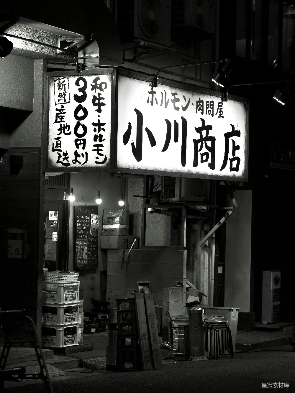 高清摄影  夜晚灯火通明的日本商店招牌。