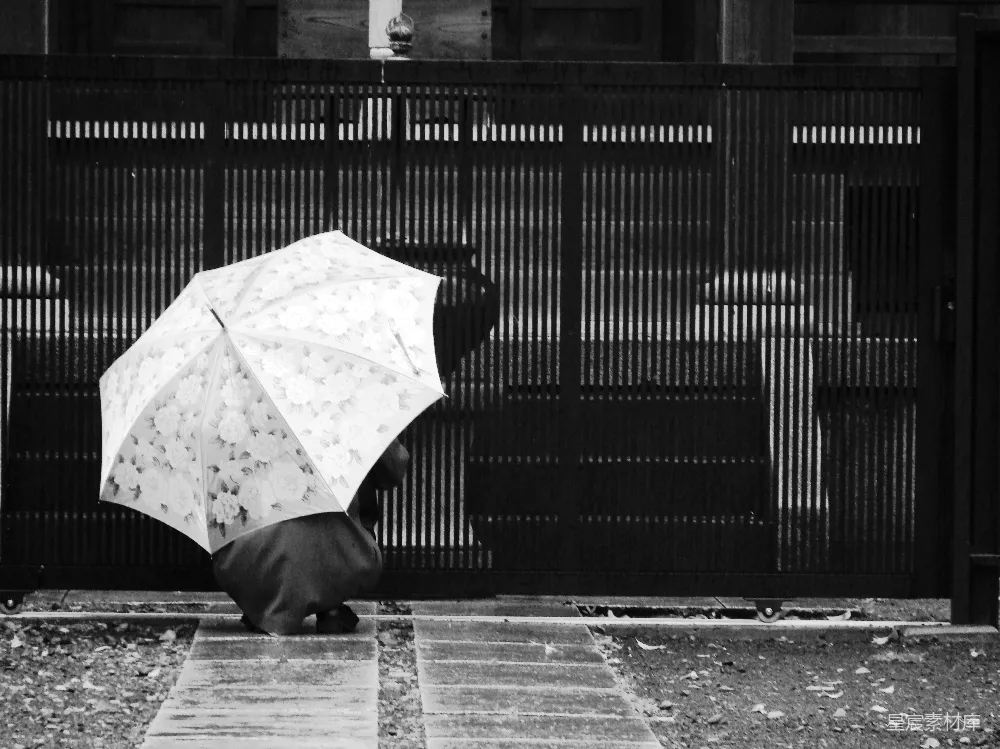 高清摄影  黑白色照片中的雨伞放在砖地上