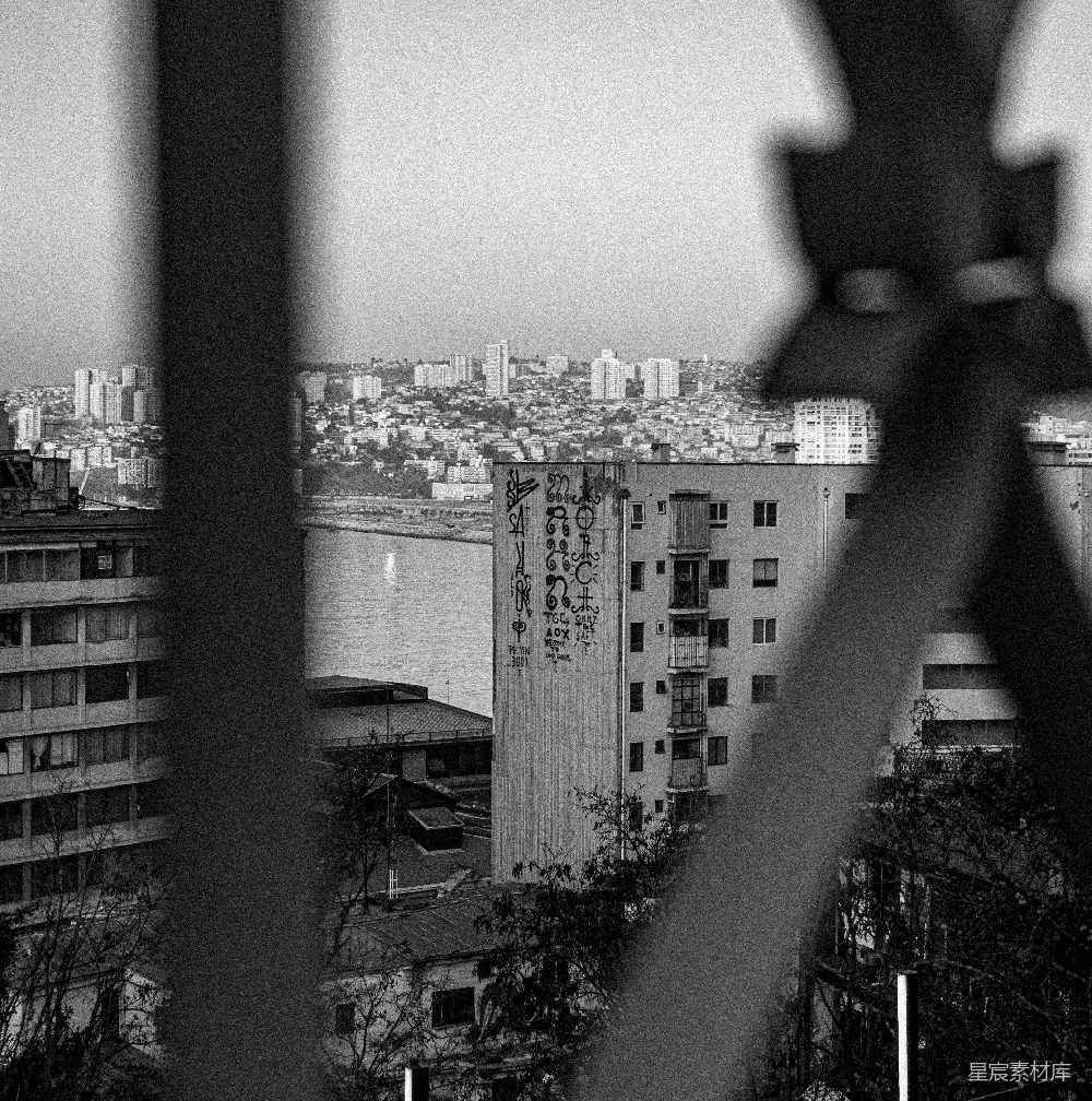 黑白的城市景观，建筑与水体共存。