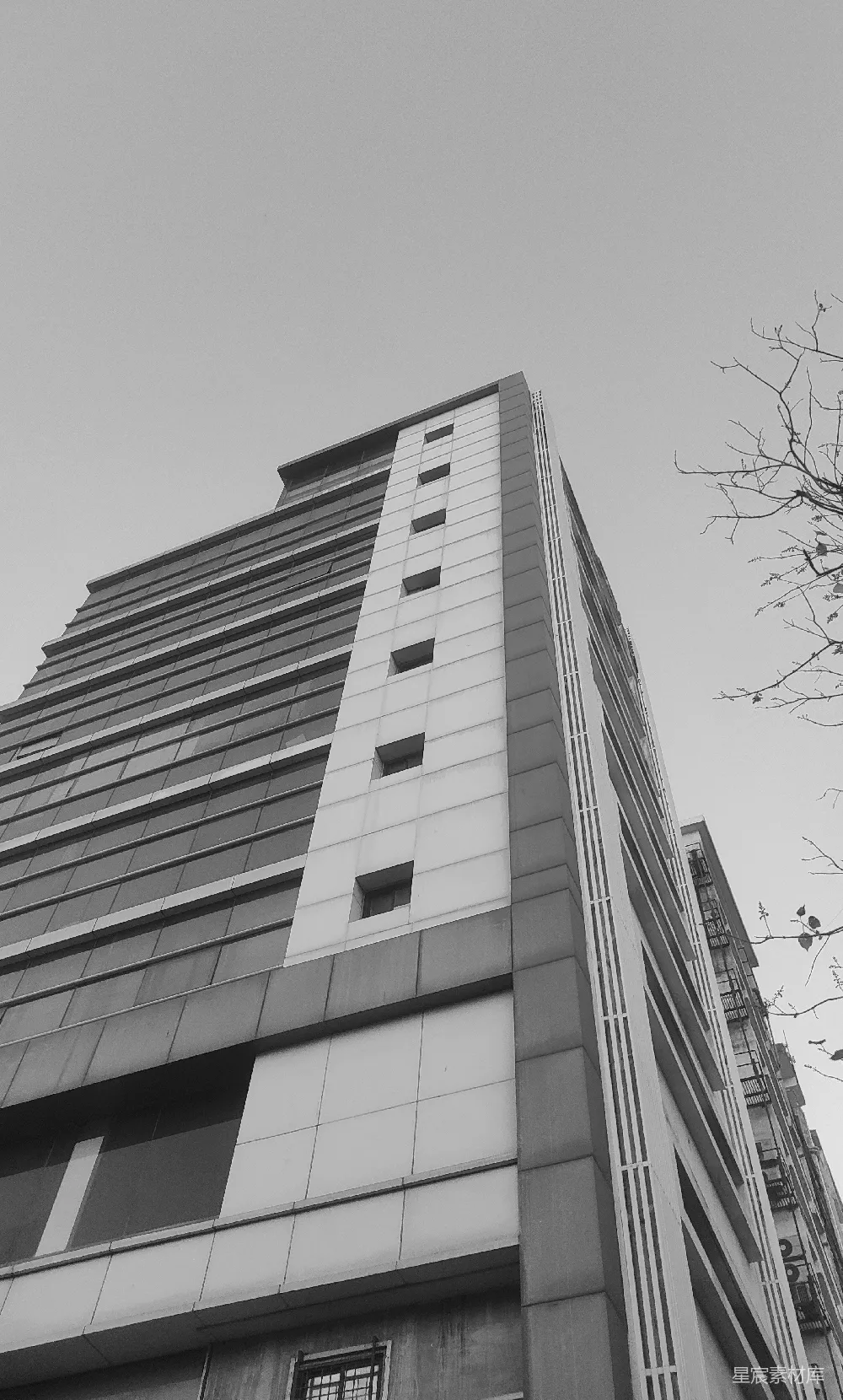 高清摄影  一张黑白照片，展示了一座高大的建筑物。