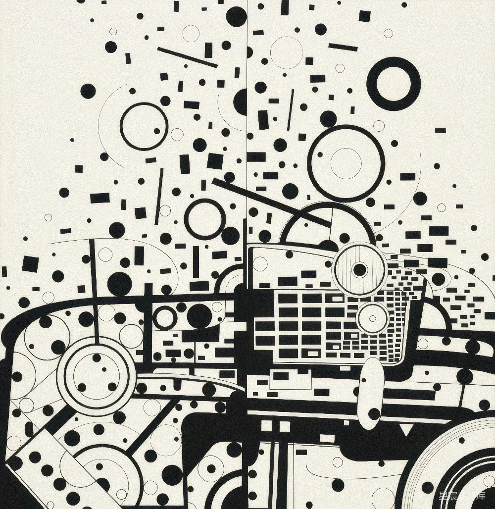 高清摄影  一幅黑白画作，带有圆圈和线条。