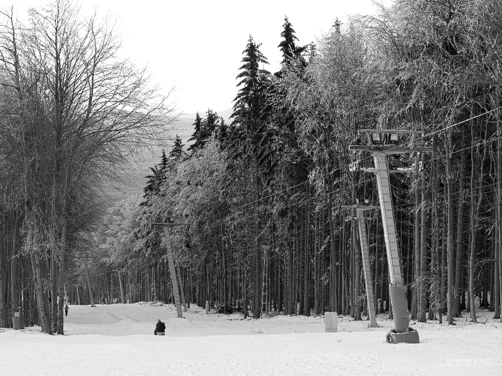 高清摄影  一张黑白照片，照片中一个人坐在雪地里。