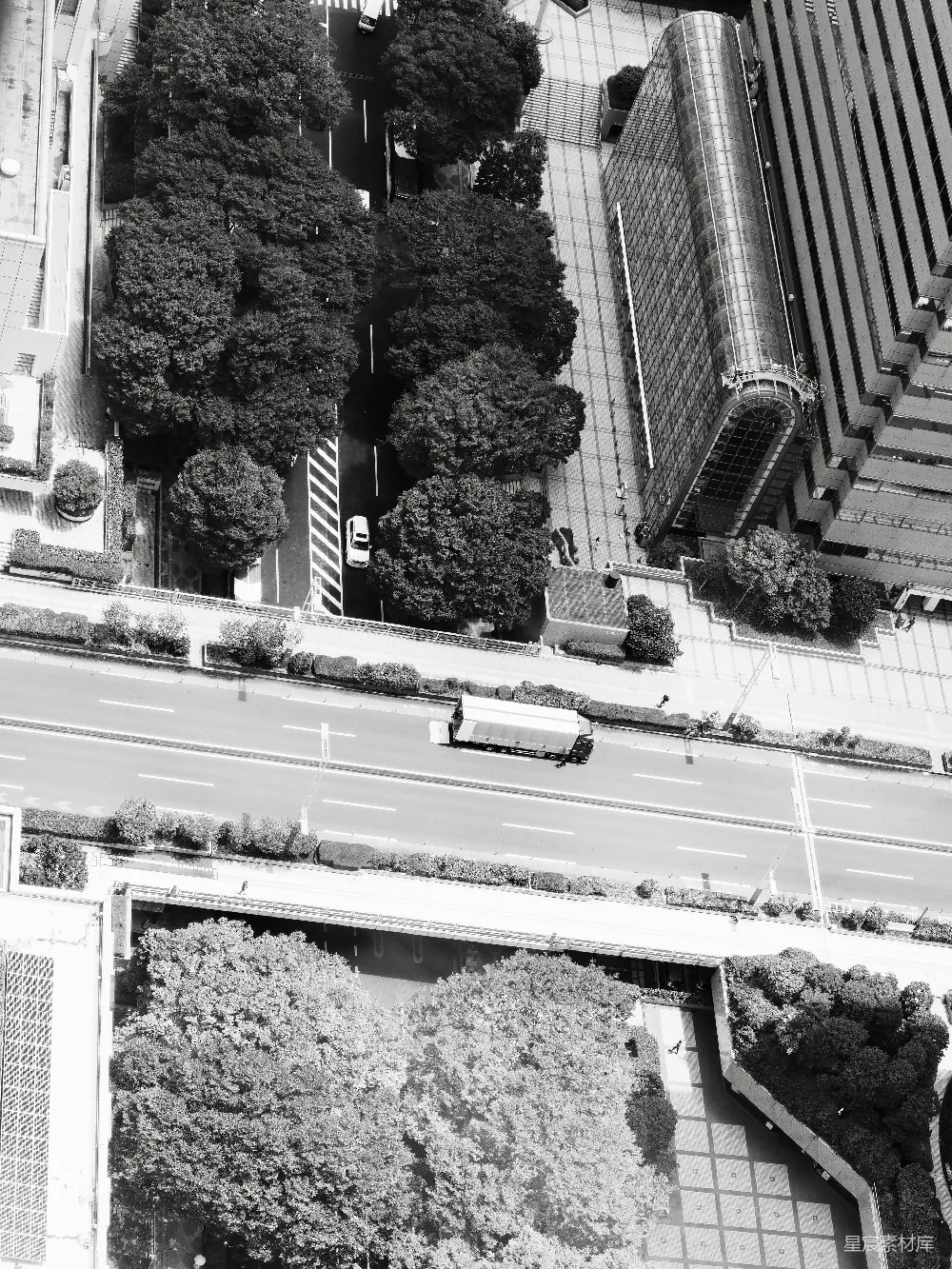 高清摄影  城市街道的航拍图，可以看到树木和建筑物。
