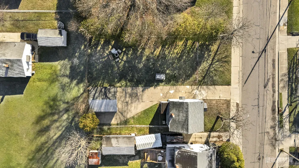 高清摄影  鸟瞰图：房屋、光秃秃的树木和道路。