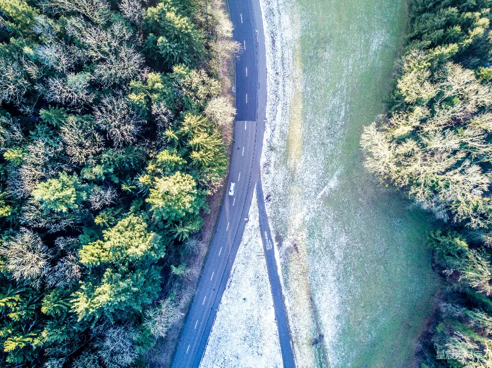 高清摄影  在高角度摄影中，车辆经过树木附近的道路。