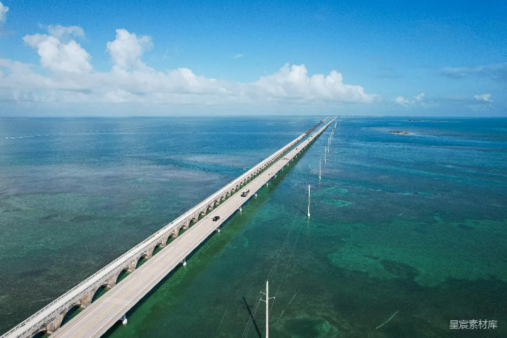 高清摄影  一座横跨海洋的大桥的空中俯瞰图