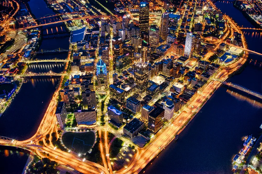 高清摄影  夜间城市建筑的空中俯瞰图