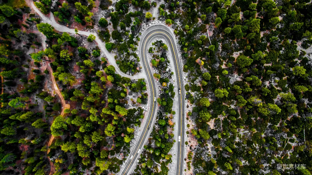 高清摄影  森林中间的道路俯瞰图