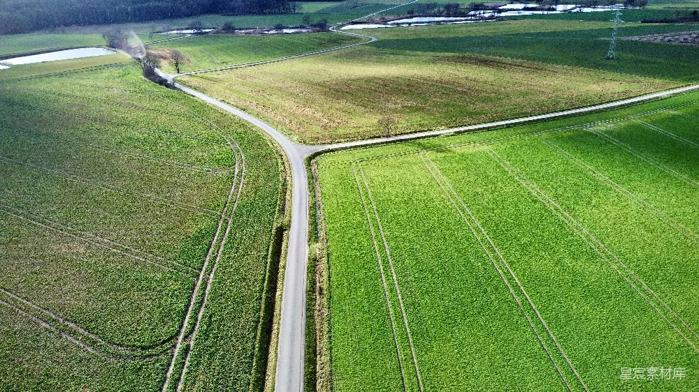 高清摄影  一幅道路穿越绿野的空中俯瞰图
