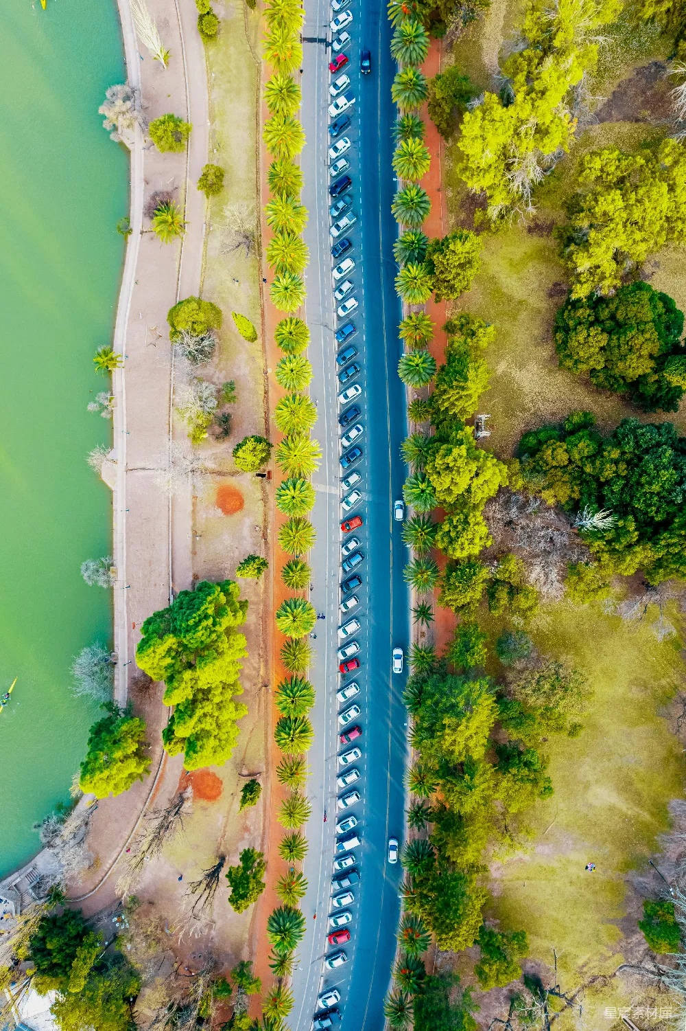 高清摄影 自然 旅行 空中俯瞰一条道路和一片水域的景象