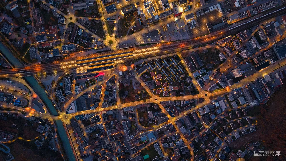 高清摄影  夜晚灯火辉煌的城市空中俯瞰图。