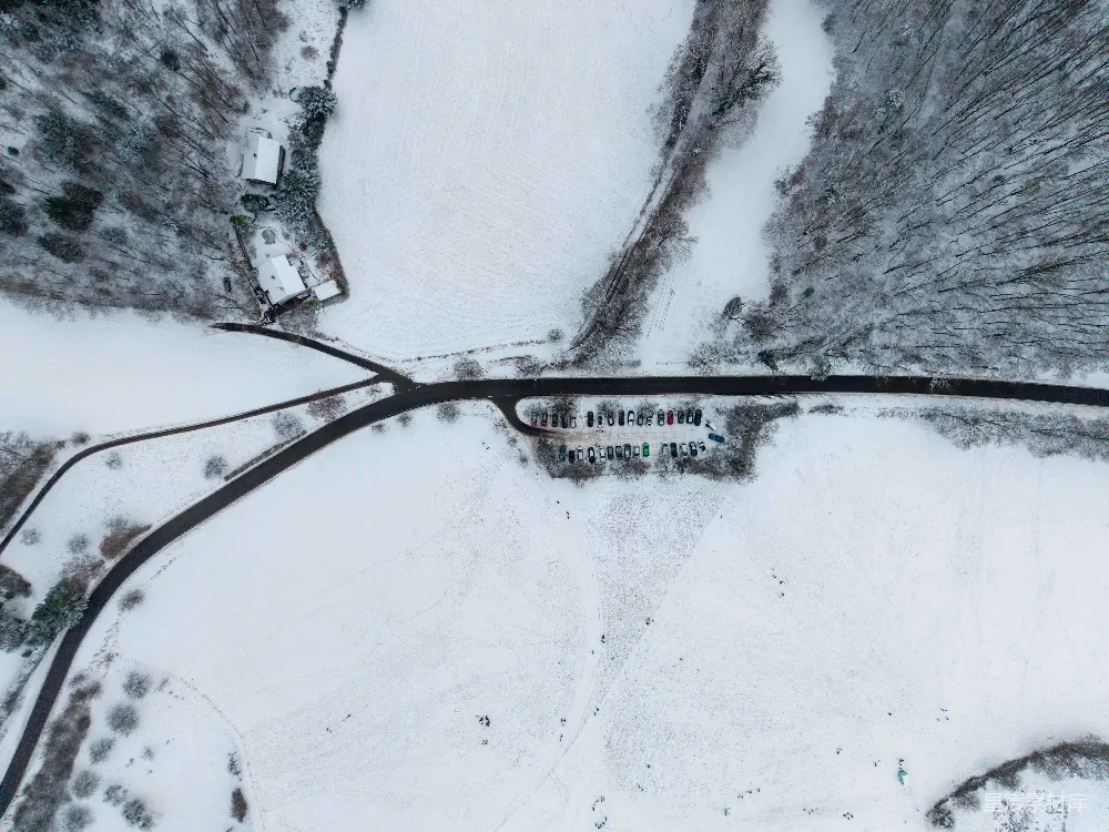 高清摄影  空中俯瞰一片被雪覆盖的景观，可以看到树木和道路。