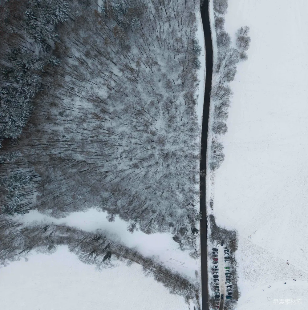 高清摄影 壁纸 雪覆盖的森林和道路的空中俯瞰图