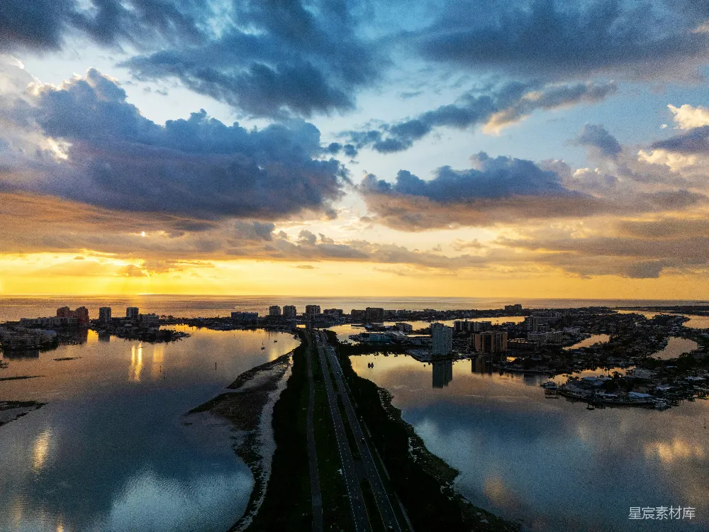 高清摄影  夕阳给城市镀上一层金色的光辉。