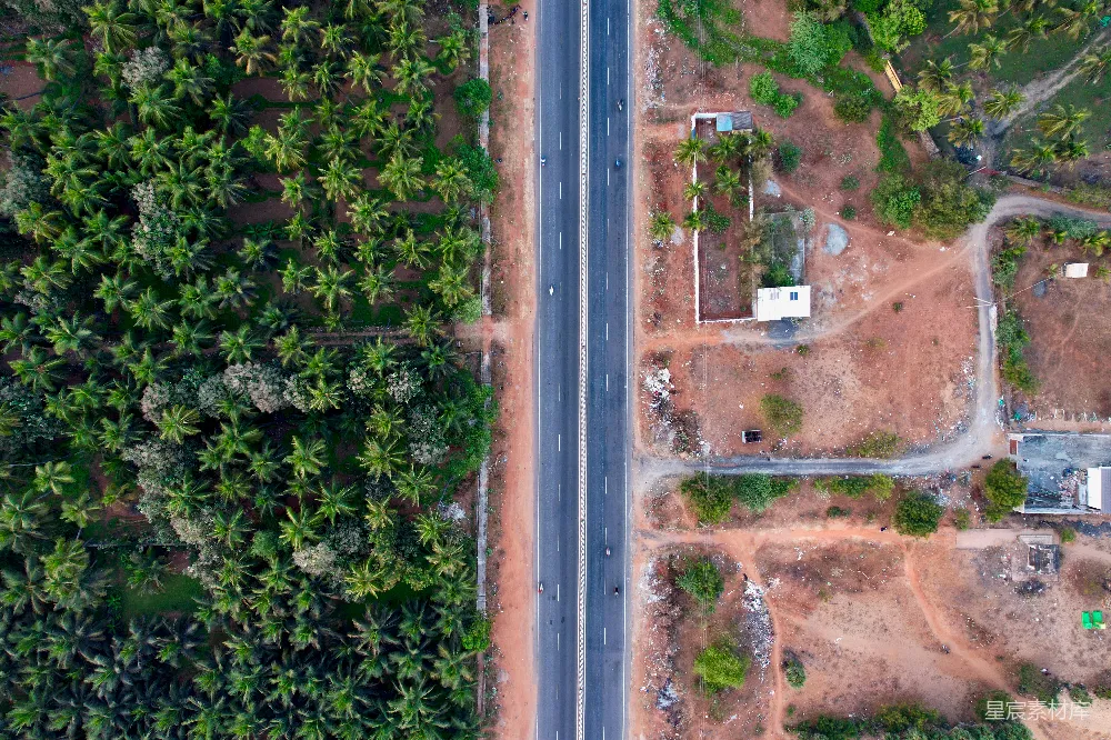 高清摄影  空中俯瞰一条道路，两旁环绕着棕榈树。
