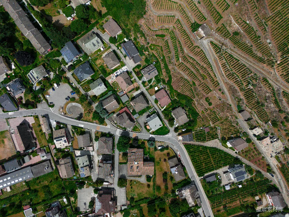 高清摄影  住宅区附近的梯田葡萄园中的房屋和道路。