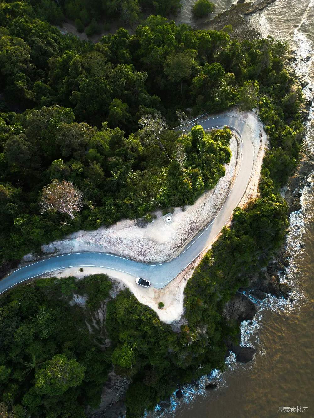 高清摄影  弯曲的道路穿过郁郁葱葱的森林，靠近海洋。