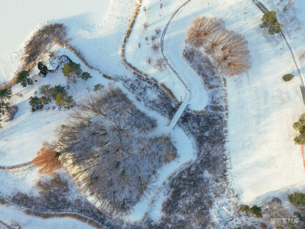 高清摄影  雪景中的公园，有蜿蜒的小路、树木和一座桥。