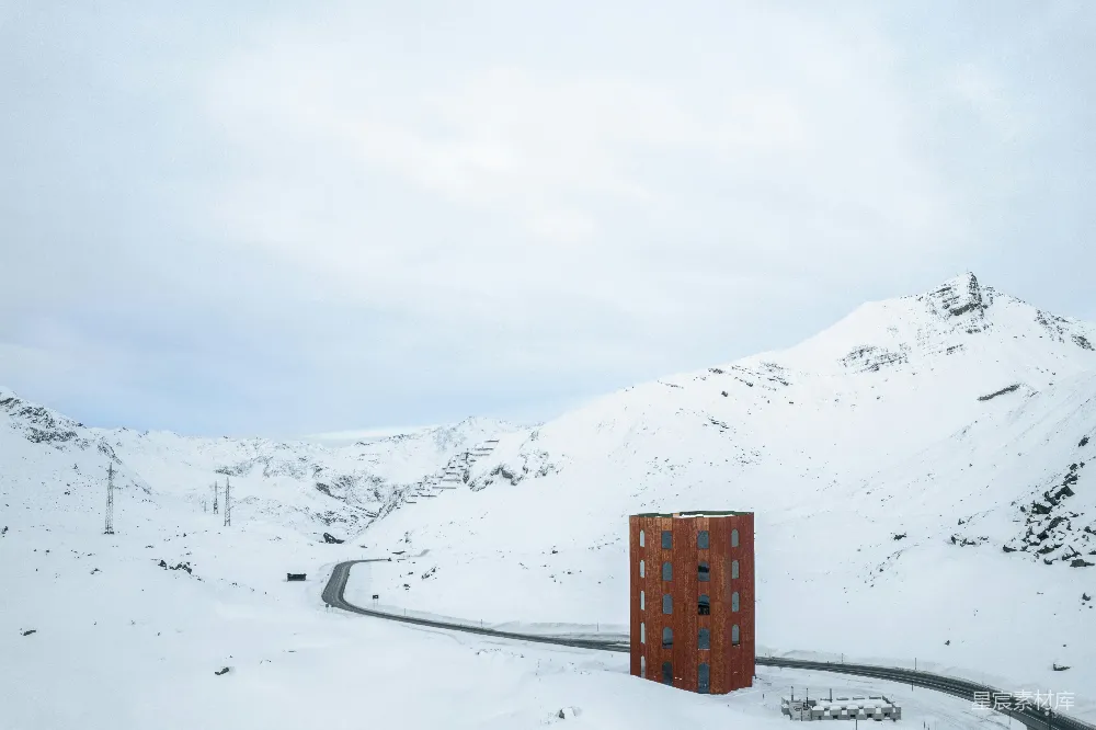 高清摄影 壁纸 一座红色的建筑坐落在积雪覆盖的道路上。