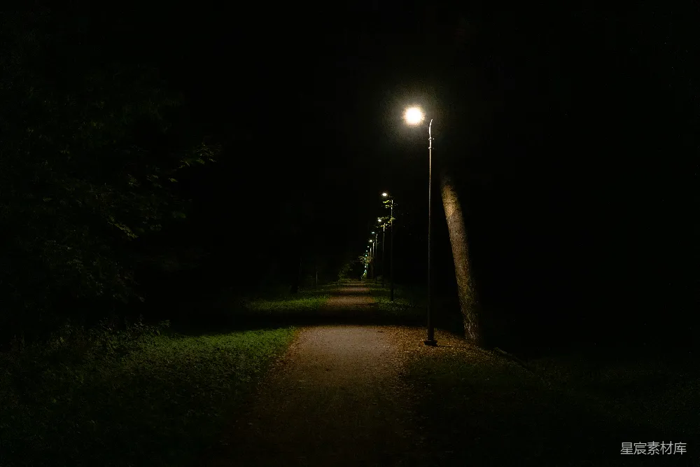 高清摄影  一盏路灯在夜晚的黑暗街道上。