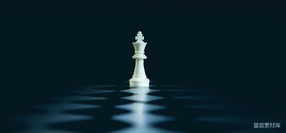 高清摄影  一个白色的棋王棋子矗立在黑色棋盘上。