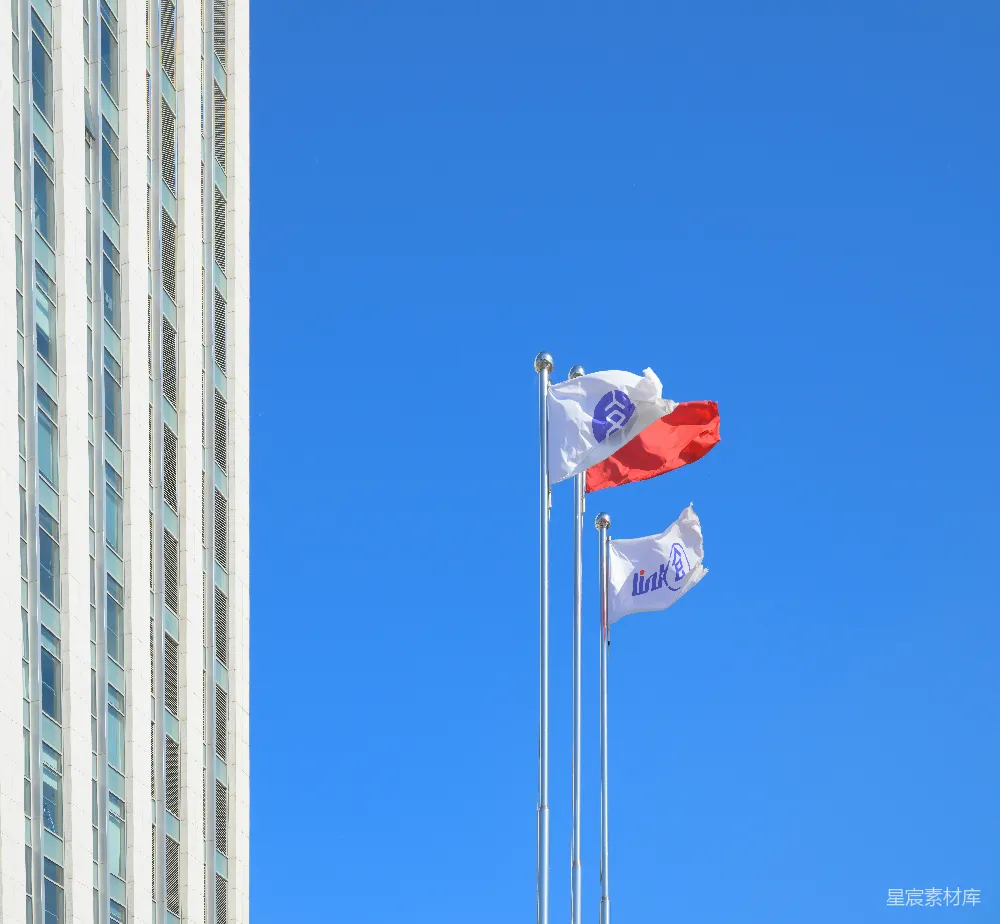 高清摄影  两面旗帜并排飘扬在一座高楼前面。