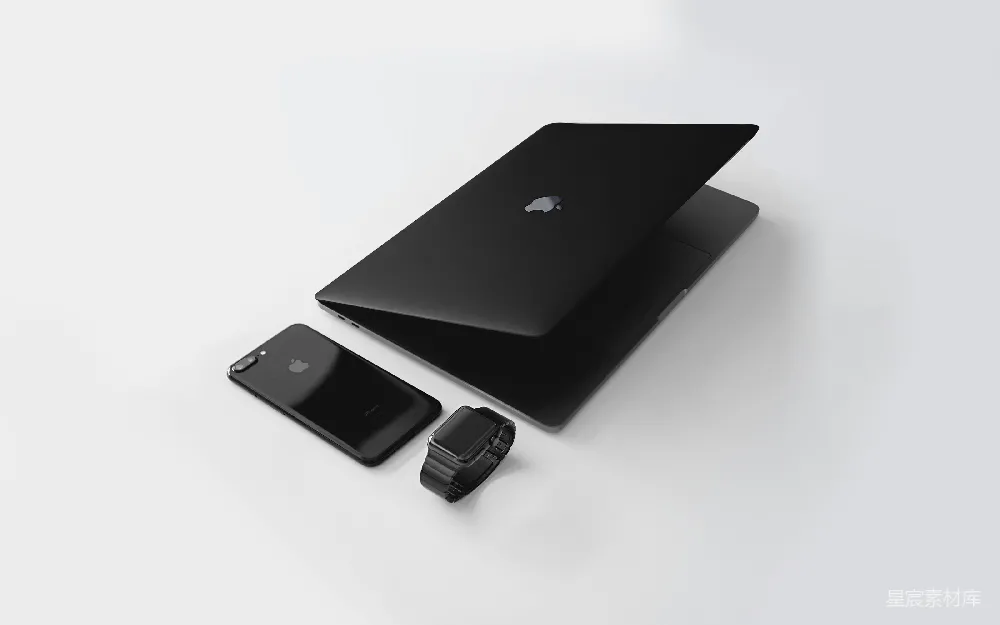 高清摄影  黑色的Macbook靠近黑色的iPhone 7 Plus和黑色的Apple Watch。