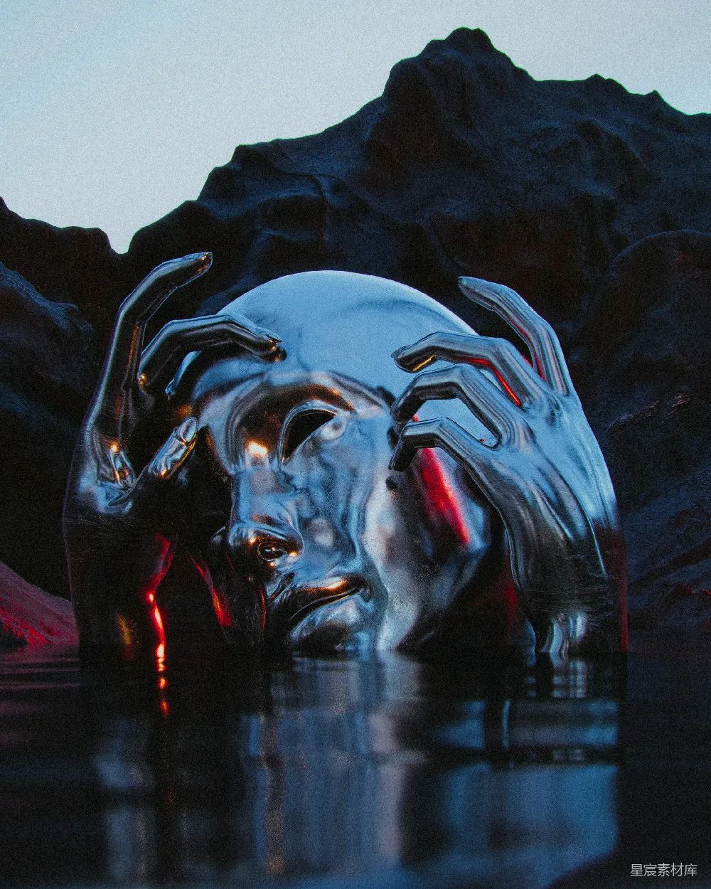高清摄影 壁纸 一头头上带有红色灯的狮子，背景是一座山。