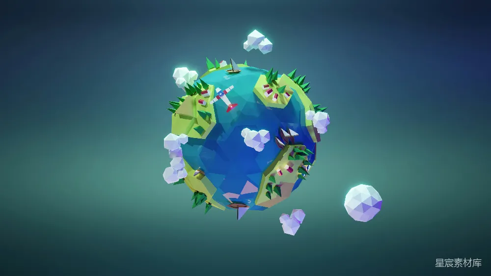 一个低多边形星球的3D渲染图。使用Blender制作。