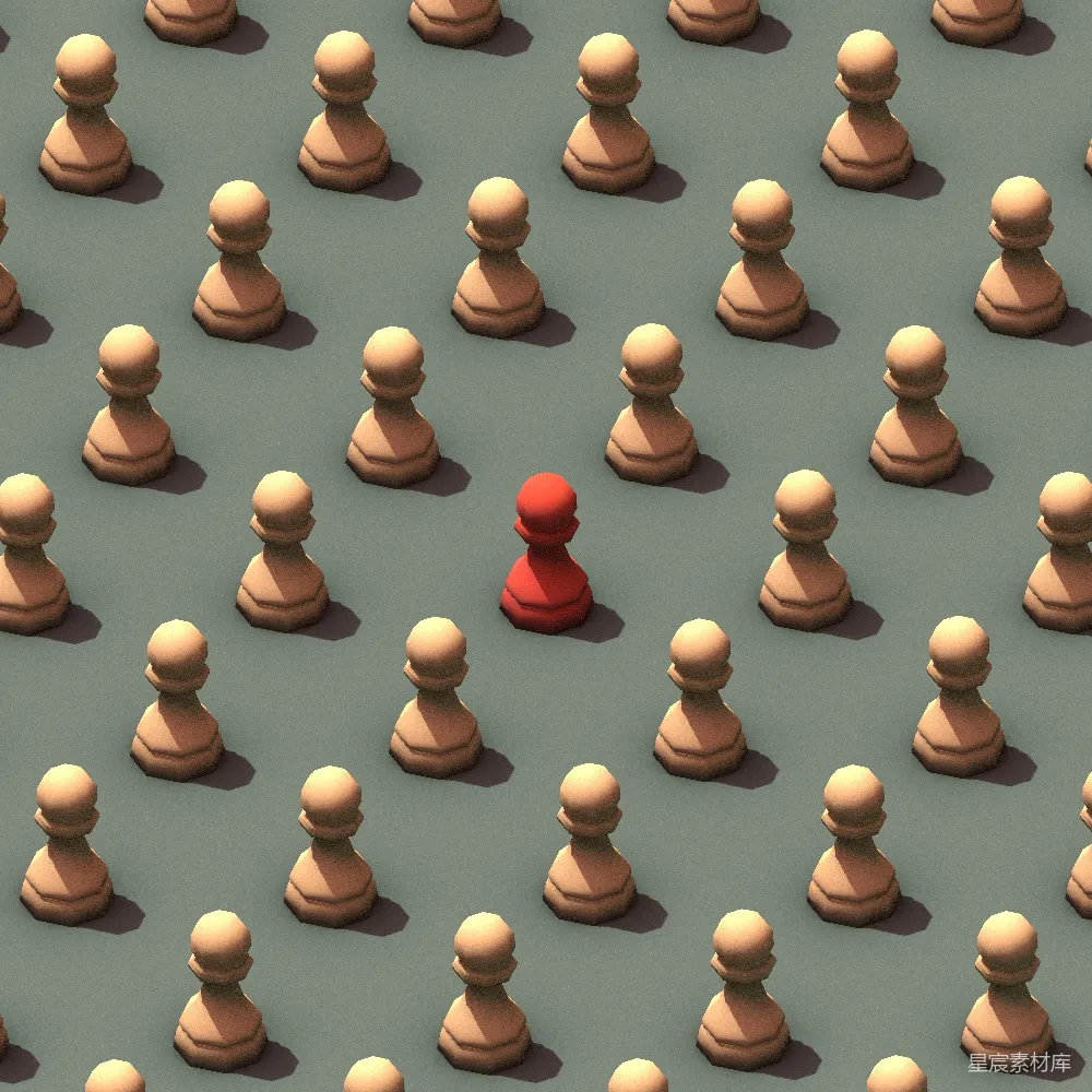 高清摄影  一枚红色的象棋子被一群木制的象棋子包围。