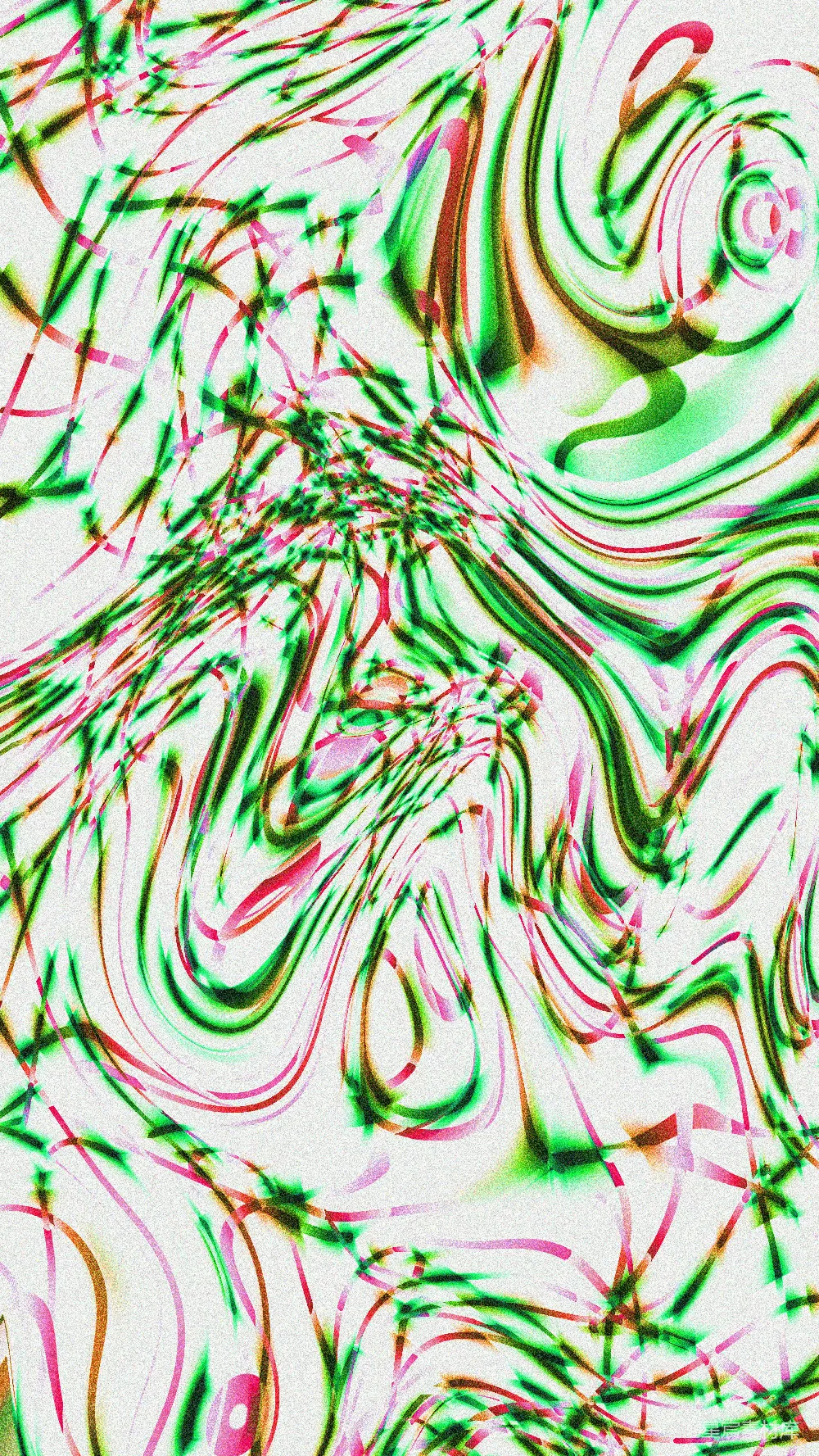 高清摄影  在白色背景上，有抽象的绿色和粉色旋转线条。