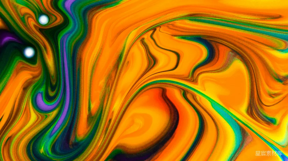 高清摄影  抽象的橙色、绿色和紫色的旋涡状画作。