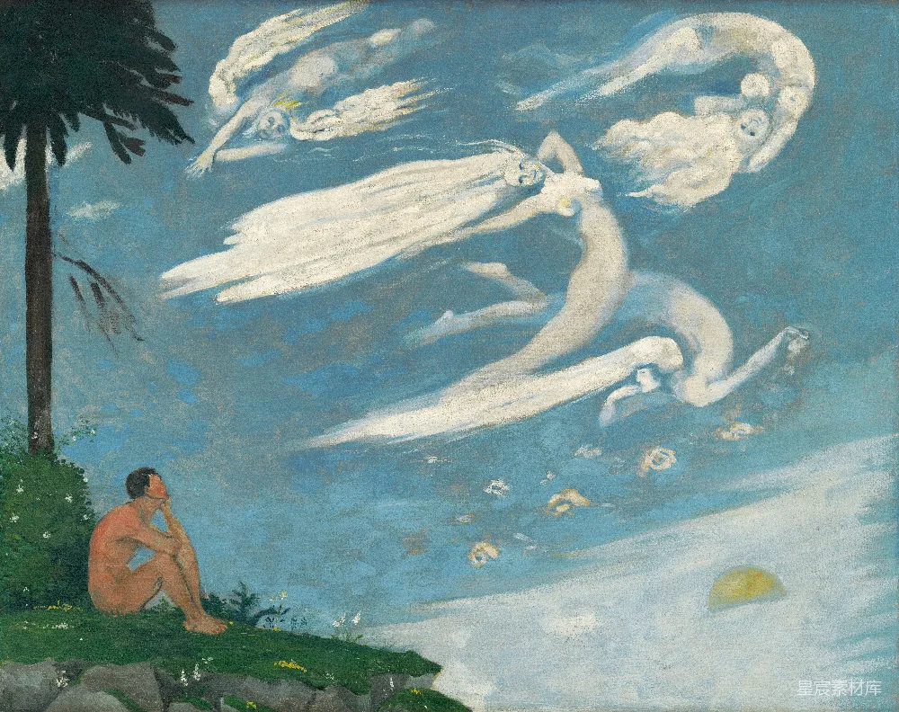 高清摄影  男子仰望天空中的梦幻人物