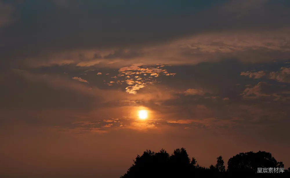 高清摄影  夕阳透过乌云洒落在树影之上