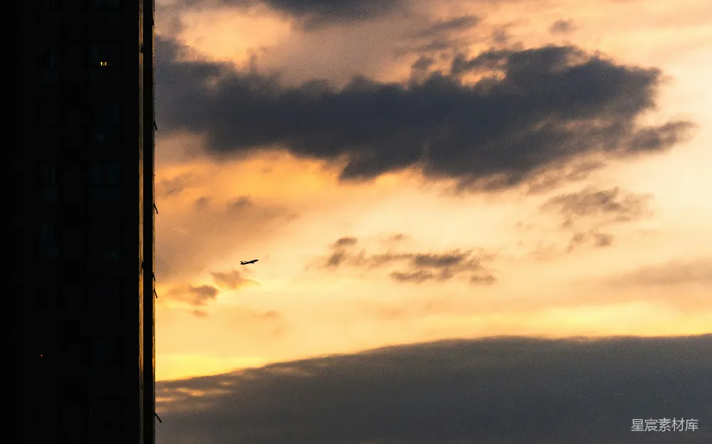 高清摄影  夕阳西下，鸟儿在云层中飞翔。