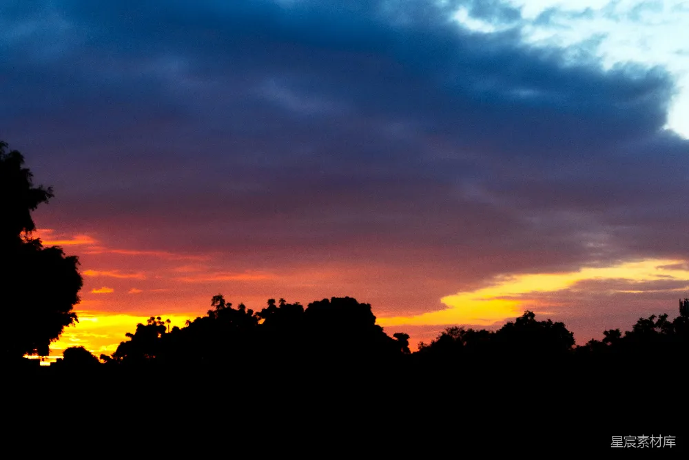 高清摄影  夕阳西下，天空绚丽，树影剪影。