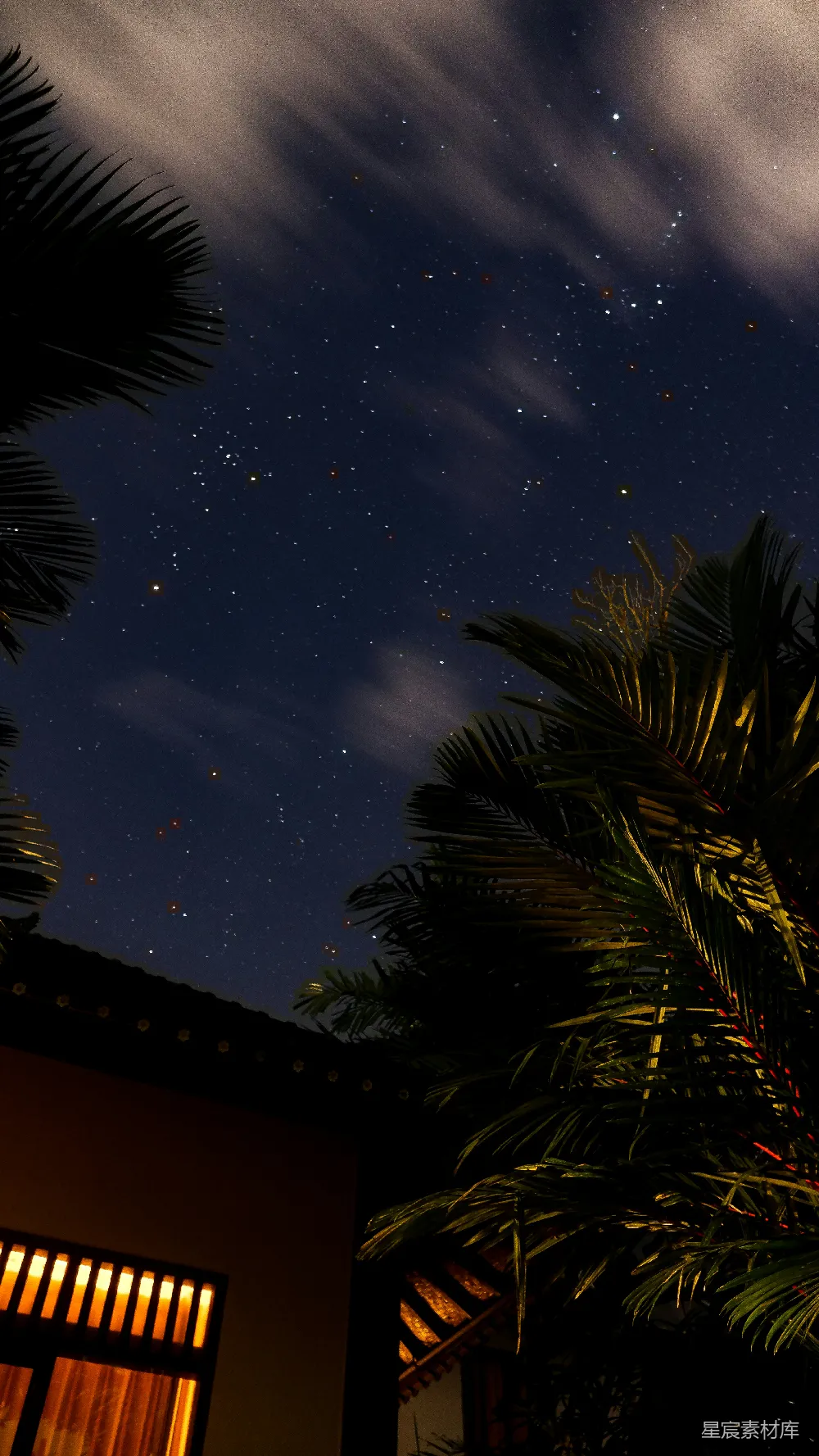 高清摄影 自然 夜空中有星星和云朵悬挂在一座建筑物上方。