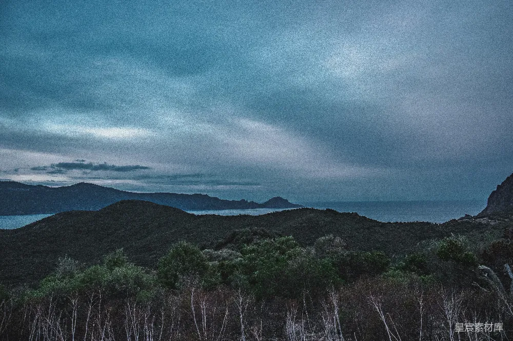 高清摄影  一幅背景中有树木和山脉的风景。