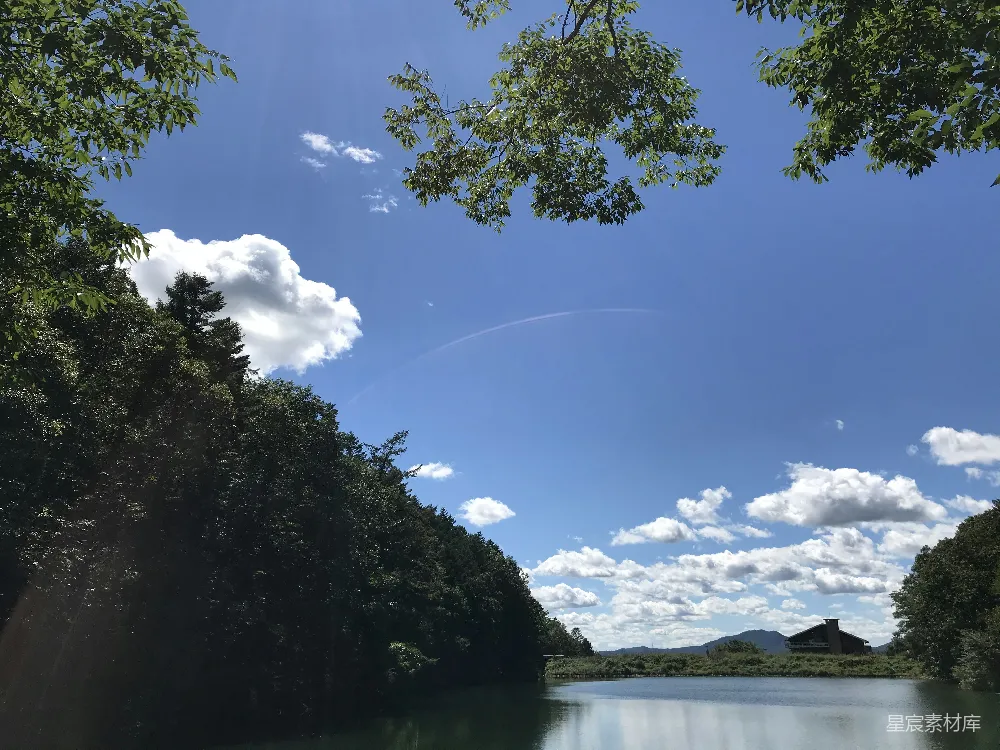高清摄影  白天，河边绿树成荫，天空湛蓝，白云飘浮。