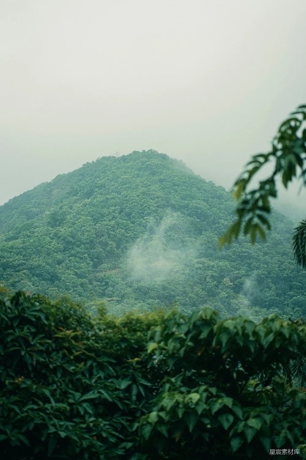 高清摄影  一座覆盖着雾气和云朵的青山