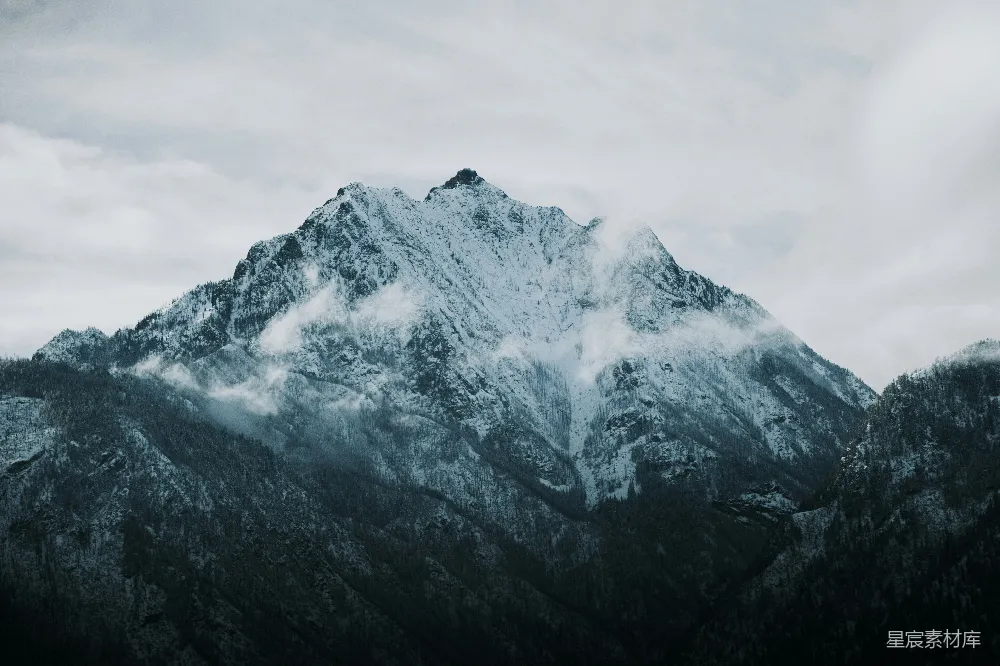 高清摄影 旅行 自然 壁纸 覆盖着积雪的山峰在阴云密布的天空下