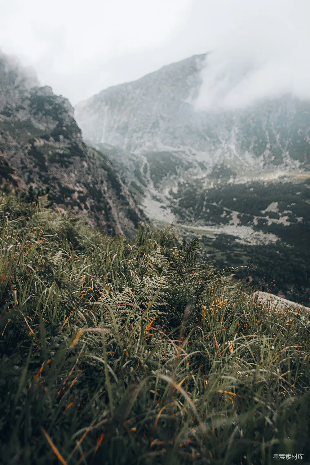 高清摄影  一片山峦的景象，前景中有草地。