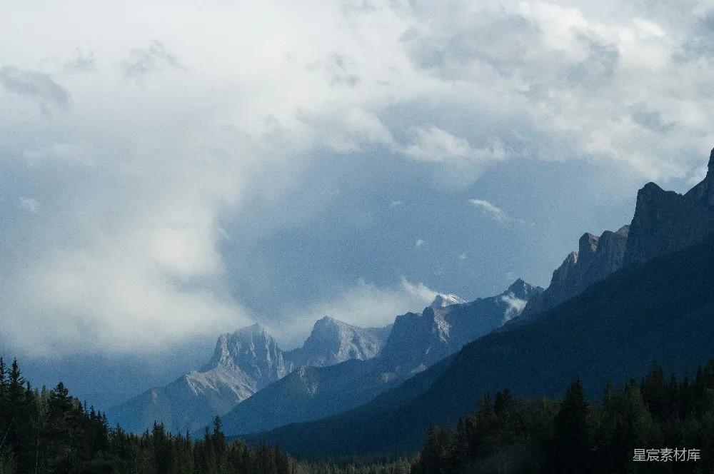 高清摄影  一座山脉的远景，前景中有树木。