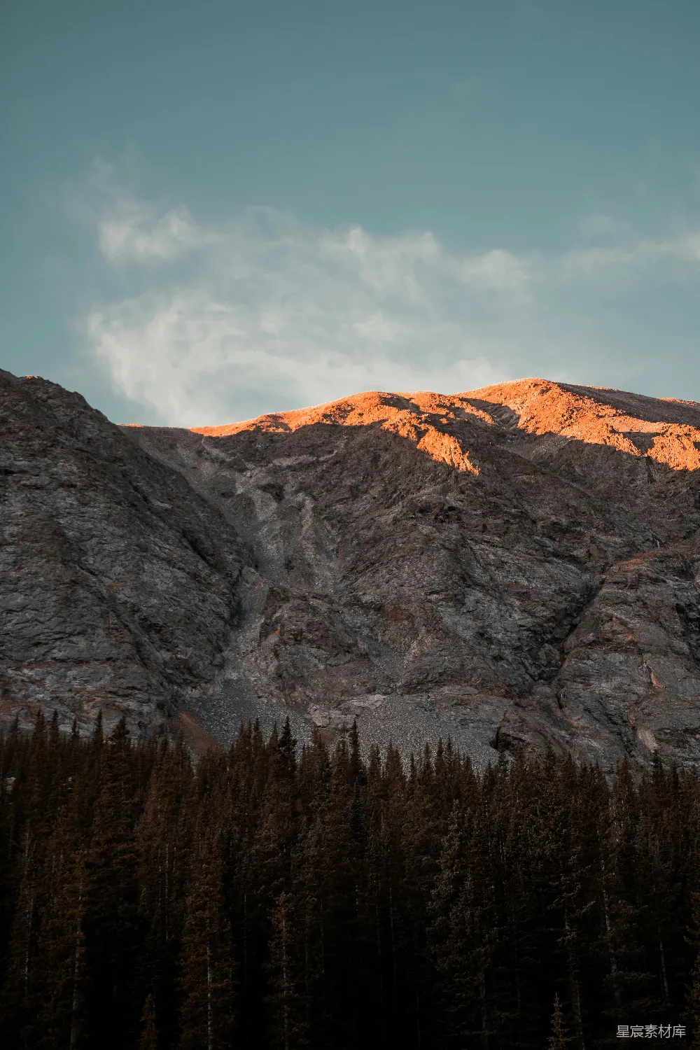 高清摄影  一座山峦上有树木，背景是天空。