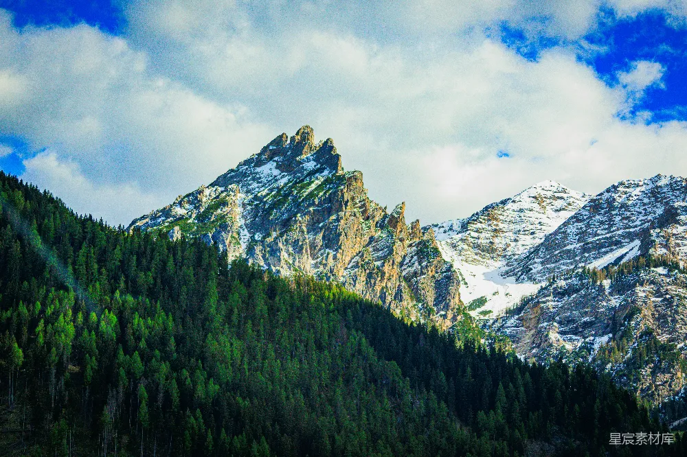 高清摄影  巍峨的雪山和蓝天下的绿林。
