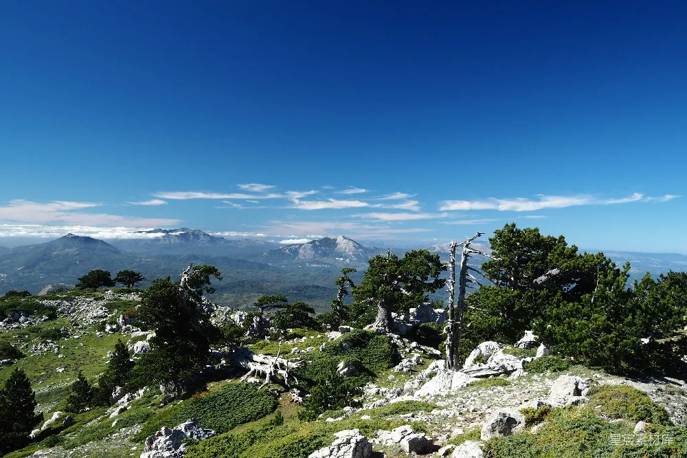 高清摄影  岩石山坡，背景中有树木和山脉。