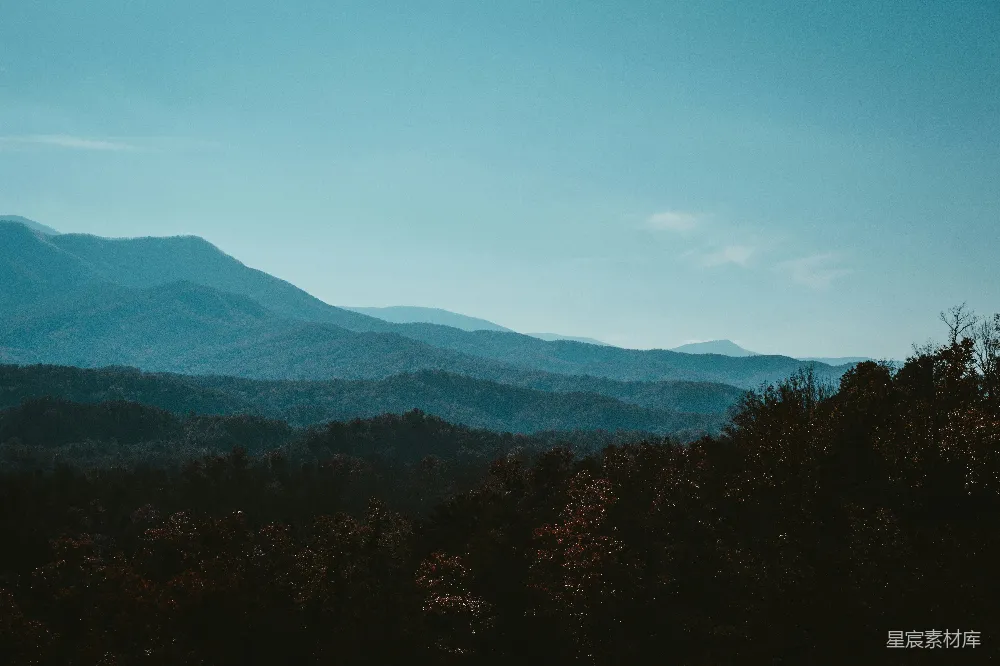 高清摄影 自然 一座山脉的景色，前景中有树木。