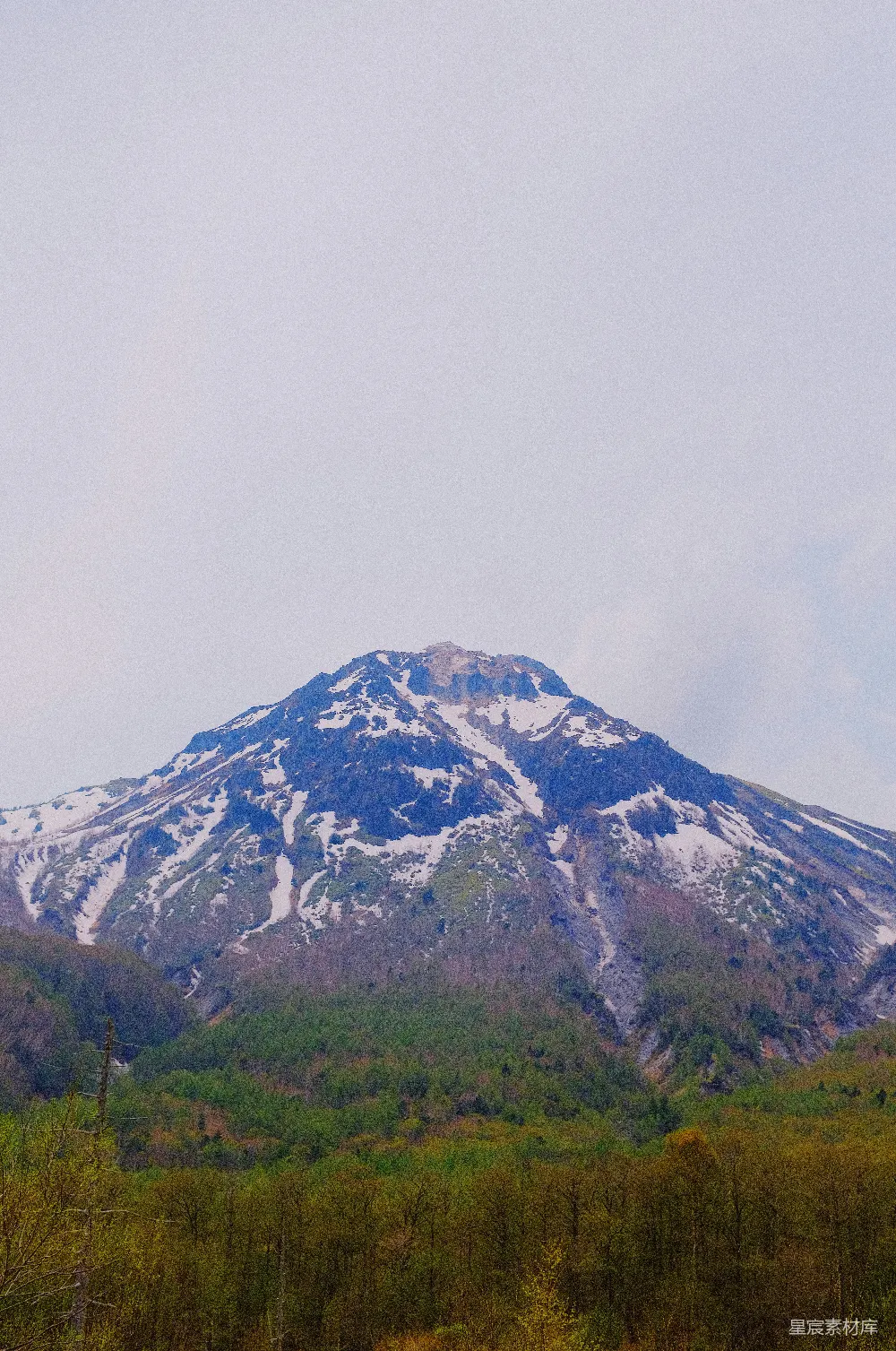 高清摄影  一座雄伟的山峰，白雪皑皑，绿树环绕。